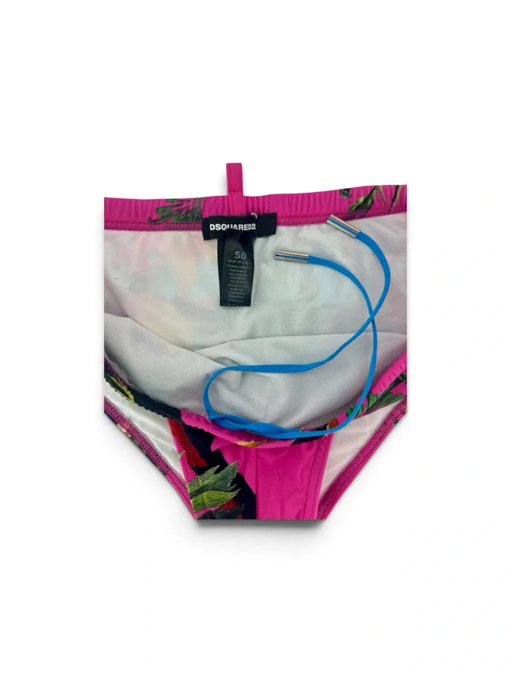 DSQUARED2 Hot Pink Tropical Print Swim Briefs with Blue Drawcord (PM100228)